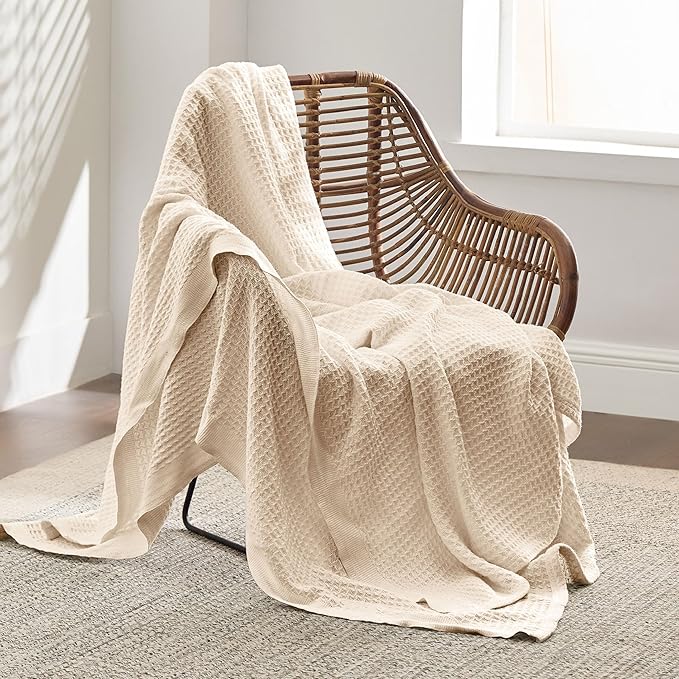 Bedsure Gentlesoft 100% Cotton Blanket Twin XL Size for College Dorm - Breathable and Soft for Spring Summer, Waffle Weave Twin Blanket for Bed, Dorm Room Essentials, Yellowish Cream, 66x90 inches