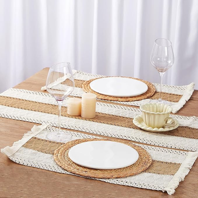 Denique Boho Placemats Set of 13 PCS - Handmade Grass Woven Meal Mats and Natural Cotton Linen Burlap, with 1 Macrame Burlap Table Runner 12x70inch, Table Mats Set for Dining Table Kitchen