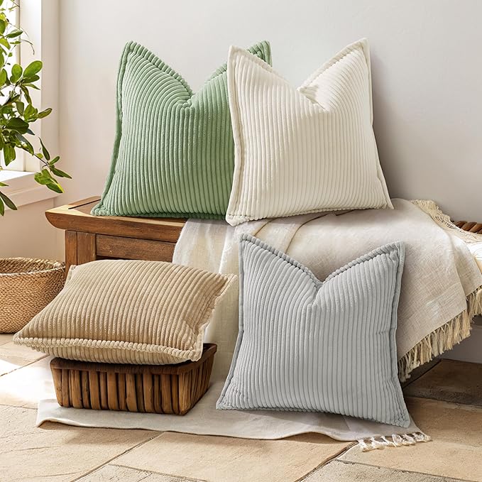 decorUhome Spring Corduroy Sage Green Euro Sham Throw Pillow Covers 24x24 Set of 2 Decorative Soft Boho Farmhouse Couch Pillow Covers for Living Room Bed Sofa Broadside Striped Pillow Cases