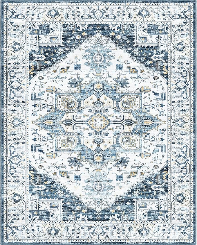 Fortsea 8x10 Area Rugs for Living Room, Machine Washable Non Slip Vintage Retro Rugs, Low Pile Lightweigt Chenille Print Indoor Rug for Bedroom, Dining Room, Home Office (Blue Gold Cream 8X10)…