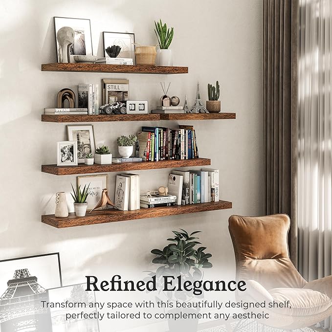 Floating Shelves for Wall, 9.3" Deep Wall Mounted Wood Shelves for Bathroom, Bedroom, Living Room, Kitchen, Hanging Shelf for Books/Storage/Room Decor (Brown, 24")