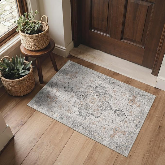 BESBLEE Area Rug 2x3 Doormat, Machine Washable Low Pile Rugs, Small Retro Entryway Mat for Entrance, Hallway, Kitchen and Corridor, Light Taupe Brown