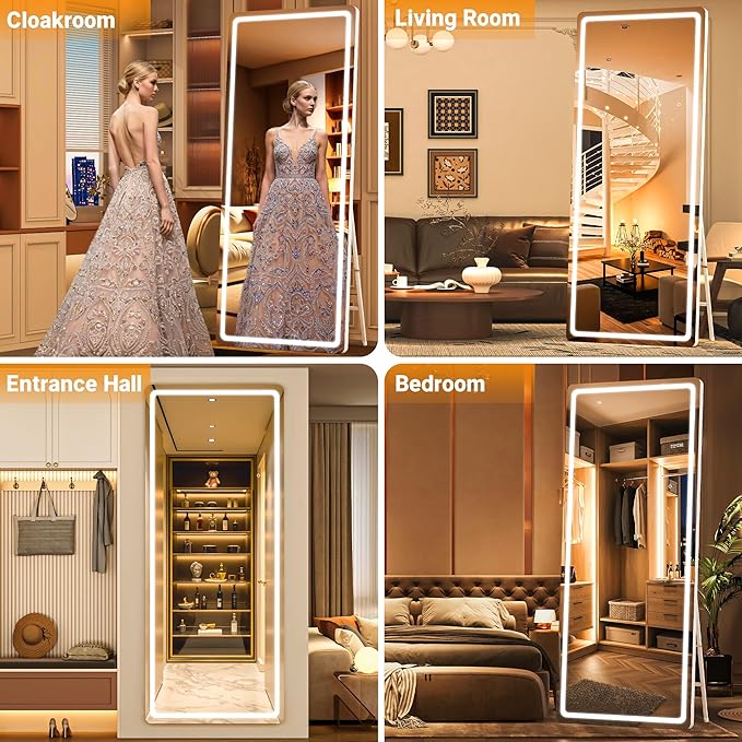 Full Length Mirror with Lights, 56" x 15.8" LED Lighted Floor Standing Body Mirror, Dimmable & 3 Color Lighting for Bedroom, Cloakroom, Dressing Room, Tempered Glass, White