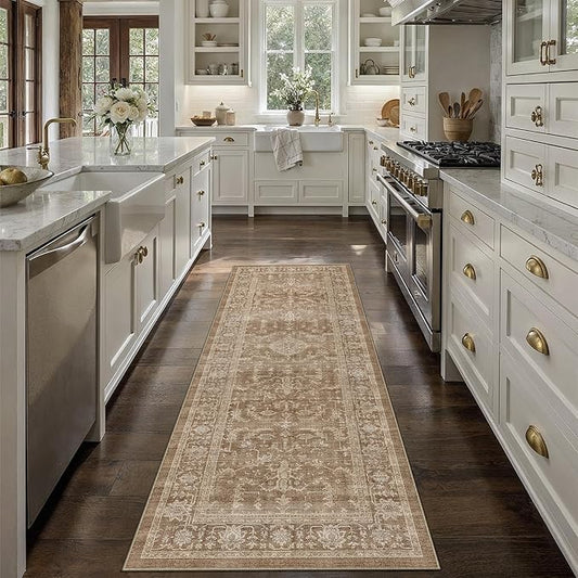 PureCozy 2x6 Brown Runner Rug Vintage Area Carpet Hallway Indoor Kitchen Washable Low Pile Traditional Distressed Retro Accent Throw Boho Rug Non Slip for Laundry Bathroom Office