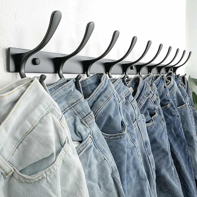 SKOLOO Coat Rack Wall Mounted - 10 Hooks, Heavy Duty, Stainless Steel, Metal Wall Hangers, Sturdy Coat Hooks for Hanging Coats, Jacket, Clothes, Hat, Black