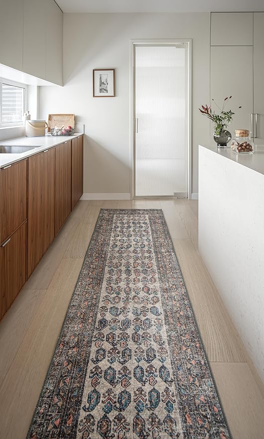 Teal & Orange Lattice Vintage Oriental Low Pile Runner Rug in Ivory with Rust Accents – 2’6" x 10’ Runner Rug for Entryway, Kitchen, Hallway, Bedroom – Durable, Easy to Clean, Pet & Kid Friendly