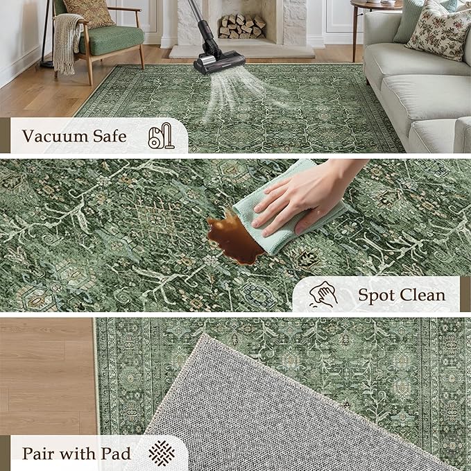 PureCozy Green Area Rug 4x6 Washable Office Entryway Carpet Soft Vintage Indoor Kitchen Living Room Door Mat Traditional Retro Distressed Thicker Throw Small Rug Bedroom Dining Room Bathroom