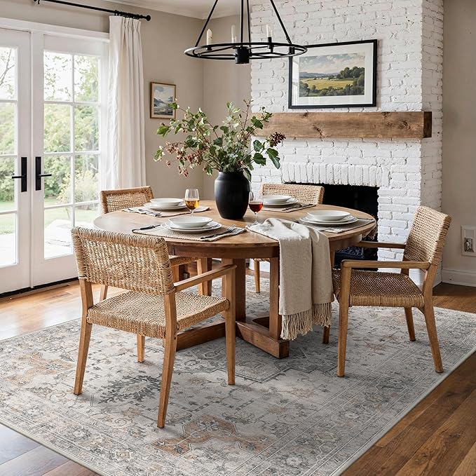 BESBLEE 6x9 Area Rugs for Living Room, Machine Washable Low Pile Rugs, Non Alip Vintage Rug for Bedroom, Dining Room, Home Office, Light Taupe Brown