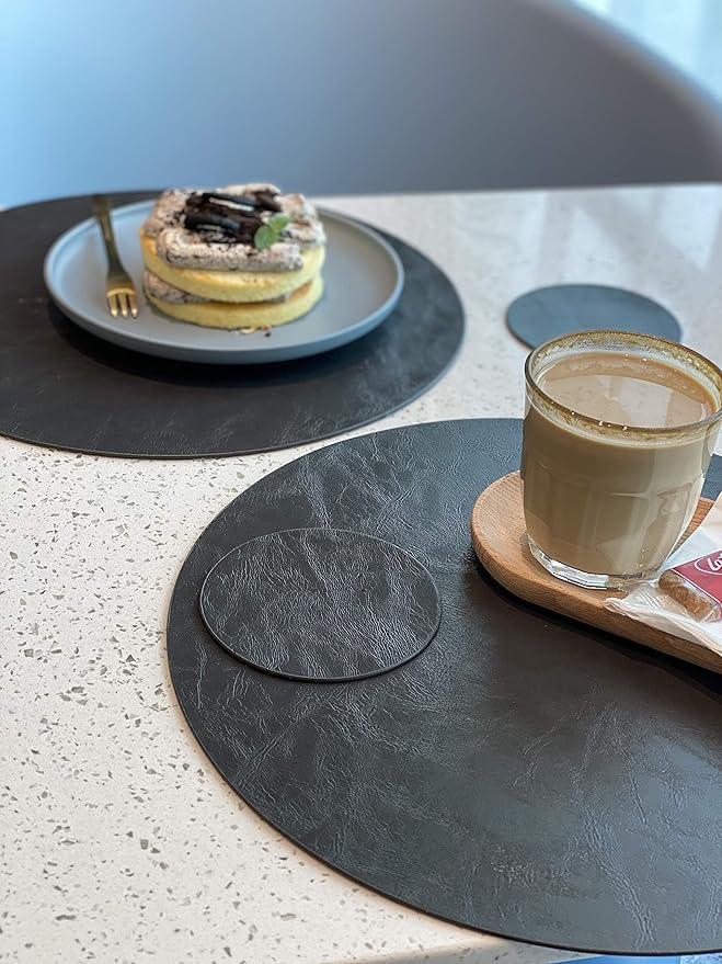 Set of 6 Embossed PU Leather Placemats, Waterproof Coffee Coasters, Kitchen Table Mats, Easy to Wipe Off for Dining Round Table