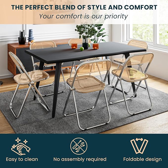LeisureMod Lawrence Modern Clear Acrylic Folding Chair with Metal Frame, Space-Saving Transparent Seating for Dining Room, Home Office, Bedroom, Vanity or Small Spaces, (Tangerine, Singles)