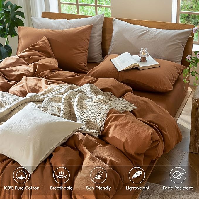 MooMee Bedding Duvet Cover Set 100% Washed Cotton Linen Like Textured Breathable Durable Soft Comfy (Solid Dark Orange, Super King 108"x98")