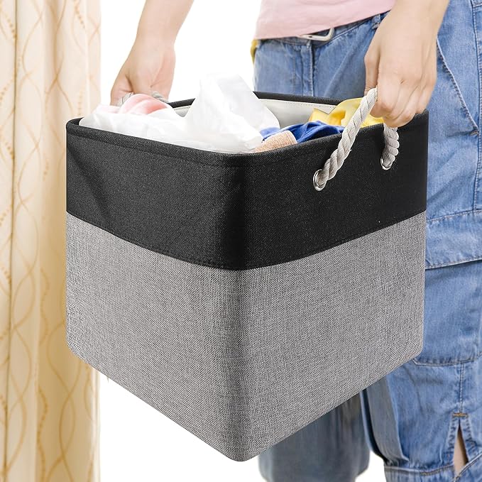 Collapsible Storage Bins, 4 Pack 11 x 11 Inch Foldable Fabric Cube Baskets with Cotton Rope Handles for Organizing Clothes, Toys, Books, Office, Closet (Black&Gray-11"x11"x11")
