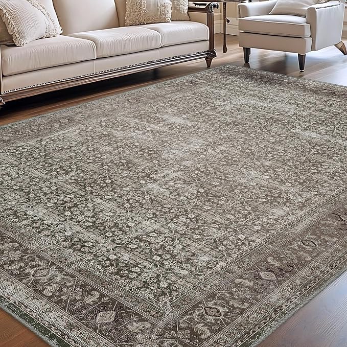 Fortsea Area Rug 9X12 Washable Rug Moss Salmon Vintage Traditional Distressed Thin Retro Kitchen Indoor Floor Cover Non Slip Carpet Floral Print Mat Living Room Bedroom Dining Room (Moss/Salmon 9X12)