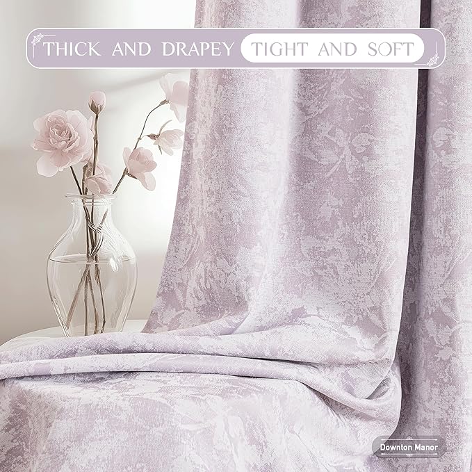 Beauoop Purple Floral Jacquard Blackout Curtains 63 Inches Long 2 Panels for Bedroom Living Room Chenille Flower Room Darkening Thermal Insulated Soundproof Grommet Window Treatments Drapes, 52x63