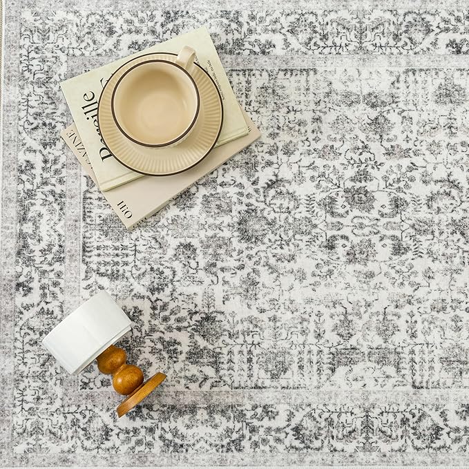 PureCozy Black Area Rug 5x7 Machine Washable Vintage Living Room Distressed Non Slip Carpet Traditional Indoor Bedroom Retro Floral Accent Throw Large Rug Office Kitchen Bathroom Dining Room