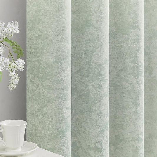 Beauoop Green Floral Jacquard Blackout Curtains 72 Inches Long 2 Panels for Bedroom Living Room Sage Flower Chenille Room Darkening Thermal Insulated Soundproof Grommet Window Treatments Drapes, 52x72