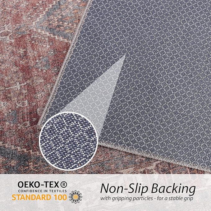 RugOver Machine Washable Area Rug, Pet-Friendly and Non-Slip Indoor Carpet for Kitchen, Bathroom, Living Room, Home Floor Decoration(Clay/Prussian, 3' x 5')