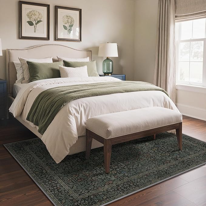 GENIMO 5x7 Area Rug for Living Room, Washable Vintage Floral Low-Pile Non-Slip Carpet for Bedroom Dining Room, Stain Resistant Botanical Accent Rug (Charcoal Green)