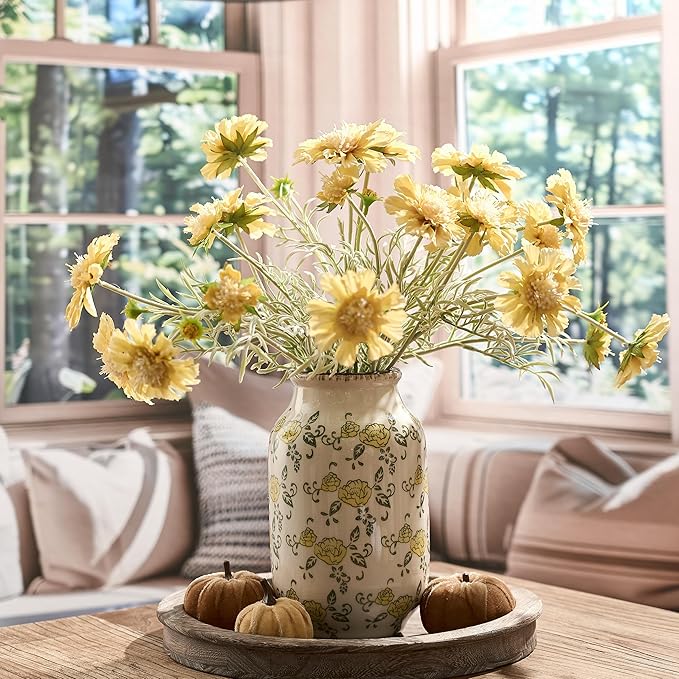 SIDUCAL Ceramic Vintage Pastoral Vase, 8.78 Inch Chinoiserie Floral Vase, Retro Ice Cracked Rustic Farmhouse Vases for Home Decor, Living Room, Bookshelf, Office, Tuscan Decor, Yellow Rose Pattern