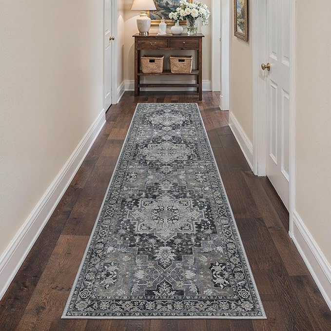 BESBLEE Runner Rug 2'6''x10, Machine Washable Runners, Non Slip Vintage Hallway Runner Rugs, Low Pile Lightweight Mat for Entryway, Hallway, Kitchen and Corridor, Dark Gray
