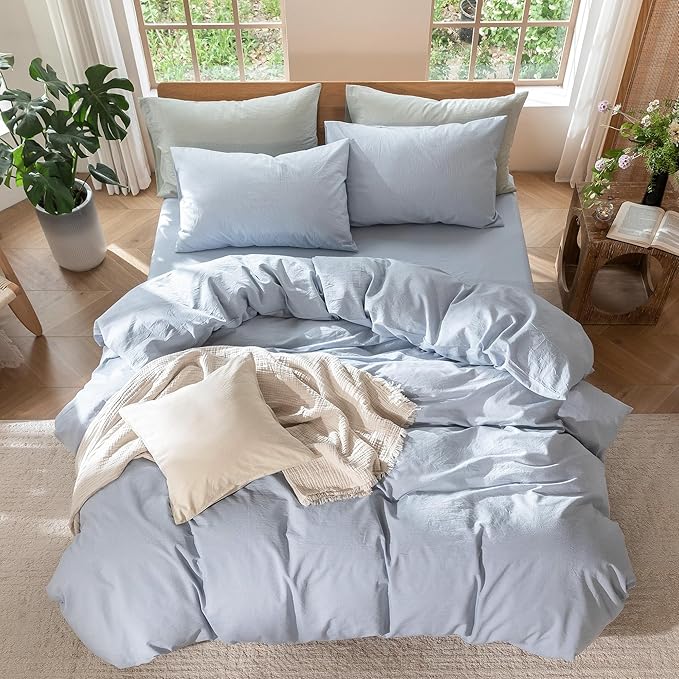 MooMee Bedding Duvet Cover Set 100% Washed Cotton Linen Like Textured Breathable Durable Soft Comfy (Heathered Cornflower Blue, Twin 68"x90")