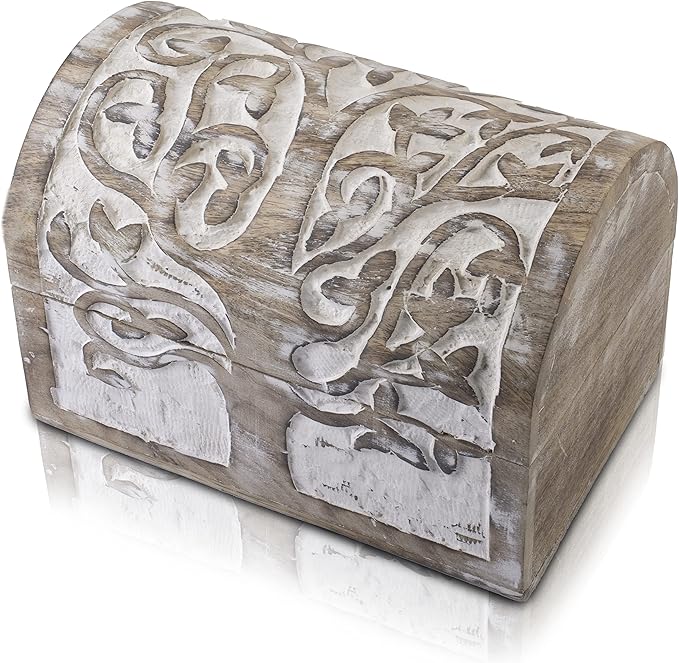 Great Birthday Gift Ideas Handmade Decorative Wooden Jewelry Box With Tree of Life Carvings Jewelry Organizer Keepsake Box Treasure Chest Trinket Holder Watch Box Storage Lock Box (White)