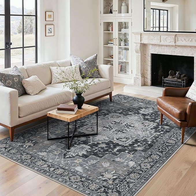 BESBLEE 5x7 Area Rugs for Living Room, Machine Washable Rug, Non Slip Vintage Rugs, Low Pile Lightweight Print Rug for Bedroom, Dining Room, Home Office, Dark Gray
