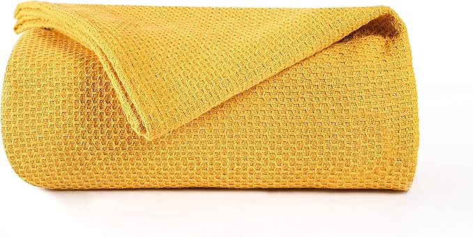 BOUTIQUO 100% Cotton Bed Blanket, Breathable Thermal Full - Queen Size, Soft Honeycomb Waffle Blanket 90'x90', Perfect for Layering Any Bed for All Season, Mustard Yellow
