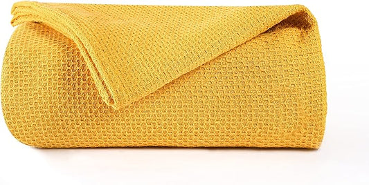 BOUTIQUO 100% Cotton Bed Blanket, Breathable Thermal Full - Queen Size, Soft Honeycomb Waffle Blanket 90'x90', Perfect for Layering Any Bed for All Season, Mustard Yellow