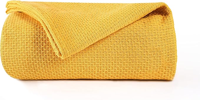 BOUTIQUO 100% Cotton Bed Blanket, Breathable Thermal King Size, Soft Honeycomb Waffle Blanket 90"x102", Perfect for Layering Any Bed for All Season, Mustard Yellow