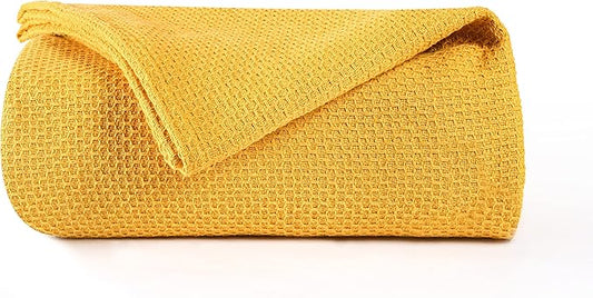 BOUTIQUO 100% Cotton Bed Blanket, Breathable Thermal King Size, Soft Honeycomb Waffle Blanket 90"x102", Perfect for Layering Any Bed for All Season, Mustard Yellow