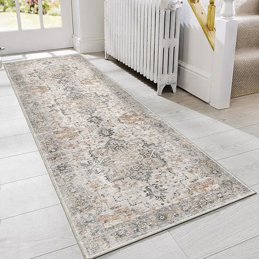GENIMO Runner Rug 2'6"x6 Machine Washable Non Slip Vintage Hallway Runner Rug, Low Pile Lightweight Rugs for Indoor Entryway, Hallway, Kitchen and Corridor, Light Taupe Brown