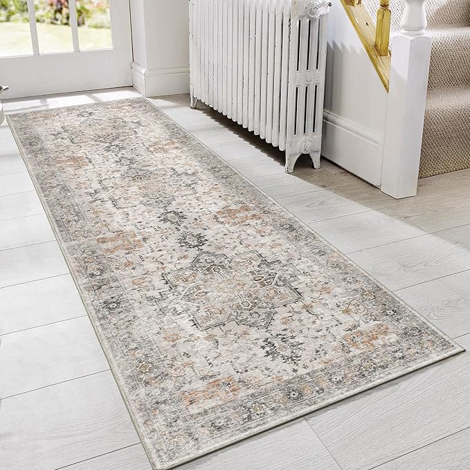 GENIMO Runner Rug 2'6"x5 Machine Washable Non Slip Vintage Hallway Runner Rug, Low Pile Lightweight Rugs for Indoor Entryway, Hallway, Kitchen and Corridor, Light Taupe Brown