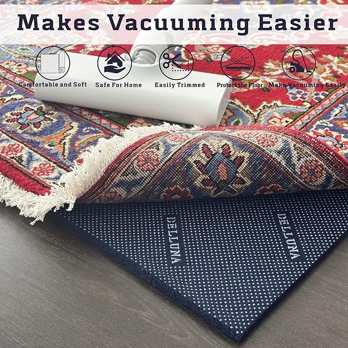 DELLUNA Non-Slip Area Rug Pad 2'x10', 3/8" Thick Double Side Rubber + Felt, Premium Deluxe Cushioned- Safe for All Floors, Adds Comfort and Protection, Ultra Strong Grip, Stop Rug from Moving.