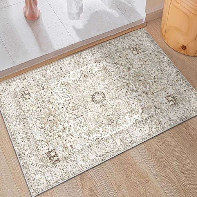 Fortsea Area Rug 2x3, Lightweight Washable Rugs for Entryway Bathroom Kitchen, Ultra-Thin Absorbing Low Pile Non Slip Rubber Rugs Backing, Durable Aesthetic Vintage 2x3 Rug (Cream/Light Beige, 2X3)