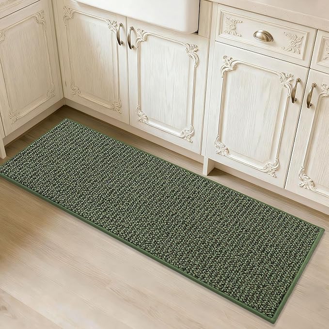 JSEI Kitchen Runner Rugs, 17''x48'' Non-Slip Kitchen Mats for Floor, Machine Washable Absorbent and Stain Resistant Kitchen Rug, Carpet Mats with TPR Backing for Kitchen, Green