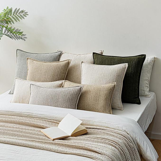 a moment Linen Pillow Covers Set of 2,Boho Farmhouse Throw Pillowcases Neutral Textured Decorative Covers for Couch Sofa, Linen Blend Accent Case Cushion Living Room Home Decor 22"x22" Beige Grey