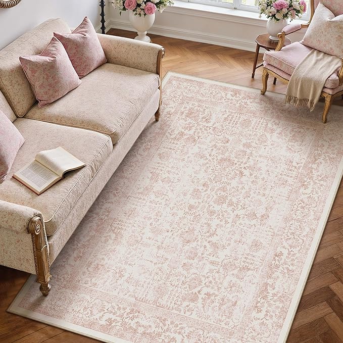 PureCozy Pink Area Rug 4x6 Office Entryway Rug Machine Washable Kitchen Vintage Distressed Non Slip Carpet Indoor Retro Floral Accent Throw Door Mat for Bathroom Bedroom Dining Living Room