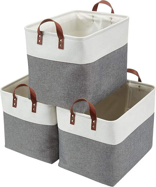 DECOMOMO Large Fabric Storage Baskets - Linen Closet Storage Bins with Handles for Laundry, Clothes, Home, Office (Slate Grey & White, XXL - 3 Pack)
