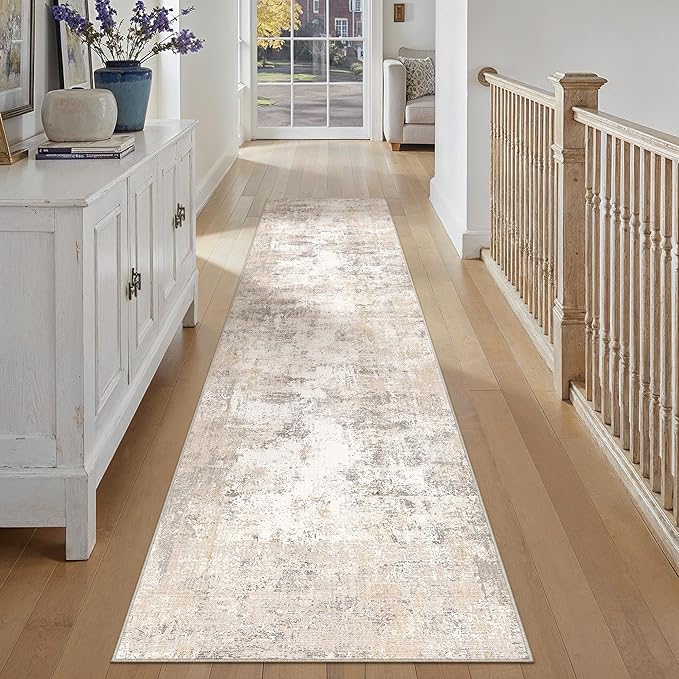 WondRg 2x14 Washable Runner Rug Beige Grey Abstract Hallway Kitchen Throw Rug Neutral Modern Non Slip Soft Low Pile Carpet for Bathroom Laundry Bedroom Living Room
