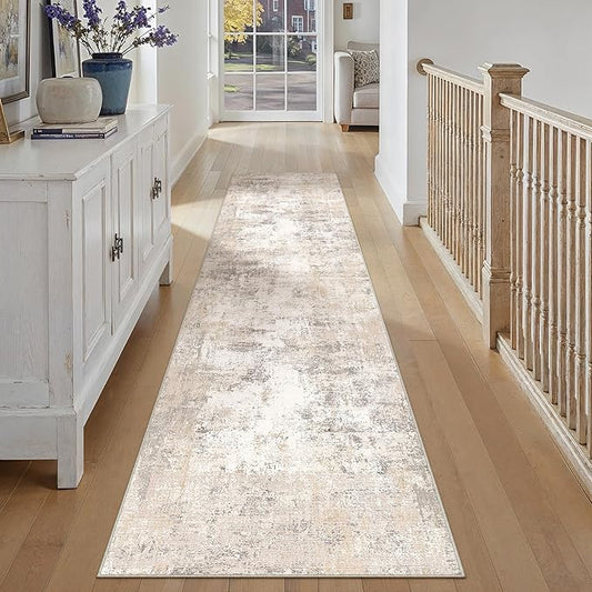 WondRg 2x14 Washable Runner Rug Beige Grey Abstract Hallway Kitchen Throw Rug Neutral Modern Non Slip Soft Low Pile Carpet for Bathroom Laundry Bedroom Living Room