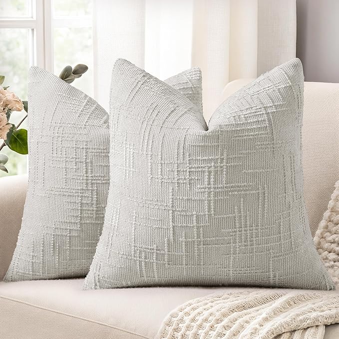 decorUhome Spring Light Grey Chenille Throw Pillow Covers 16x16 Set of 2 Textured Slubby Couch Pillow Covers Farmhouse Accent Modern Neutral Decorative Pillow Cases for Bed Sofa Living Room