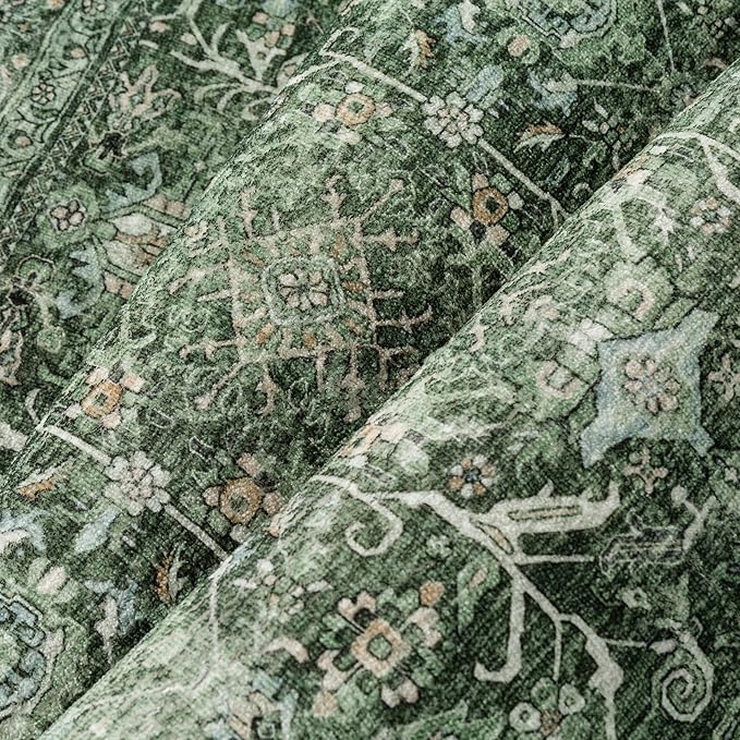 PureCozy Green Area Rug 4x6 Washable Office Entryway Carpet Soft Vintage Indoor Kitchen Living Room Door Mat Traditional Retro Distressed Thicker Throw Small Rug Bedroom Dining Room Bathroom