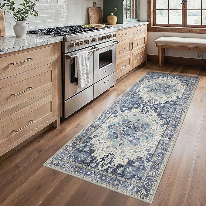BESBLEE 2'6''x6 Runner Rugs for Hallway, Machine Washable Non Slip Vintage Rugs, Low Pile Lightweight Soft Print Rug for enrtyway, Corridor, Home Office, Kitchen, Center Blue