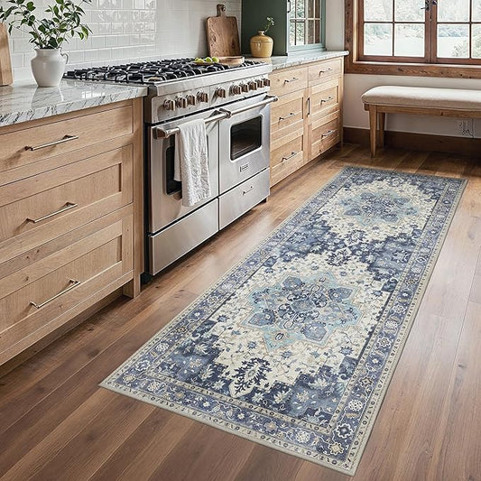 BESBLEE 2'6''x6 Runner Rugs for Hallway, Machine Washable Non Slip Vintage Rugs, Low Pile Lightweight Soft Print Rug for enrtyway, Corridor, Home Office, Kitchen, Center Blue