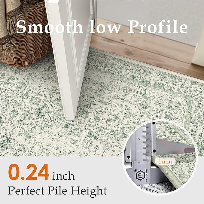 PureCozy Sage Green Area Rug 3x4 Washable Office Entryway Carpet Vintage Distressed Non Slip Kitchen Indoor Entry Neutral Low Pile Retro Floral Farmhouse Throw Mat for Laundry Dining Room Bedroom