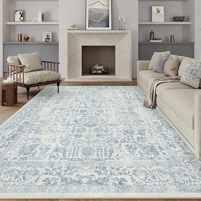 PureCozy Blue Area Rug 6x9 Machine Washable Vintage Living Room Distressed Non Slip Carpet Traditional Indoor Bedroom Retro Floral Accent Throw Large Rug for Office Kitchen Dining Room