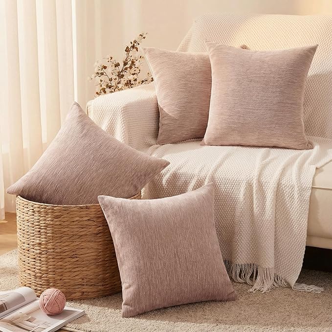 Set of 4 Blush Pink Throw Pillow Covers 18x18 Inch, Neutral Boho Farmhouse Aesthetic Decorative Pillow Cases for Couch, Sofa, Living Room & Bed, Chenille Pillow Cases, Stylish Home Decor, 45x45 cm