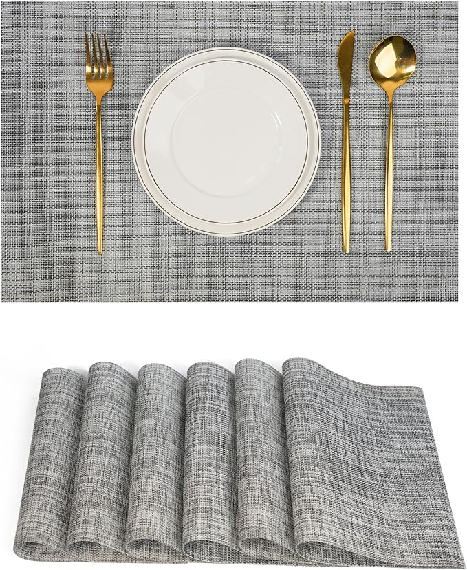 Placemats Set of 6，Non-Slip PVC Weave Table Mats Easy to Clean，Heat Resistant Place Mats for Kitchen Dining Table Decoration Indoor Outdoor，Gray