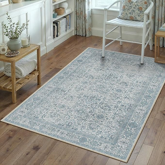 PureCozy Blue Area Rug 3x5 Washable Office Entryway Carpet Soft Vintage Indoor Kitchen Living Room Door Mat Traditional Retro Distressed Thicker Throw Small Rug Bedroom Dining Room Bathroom